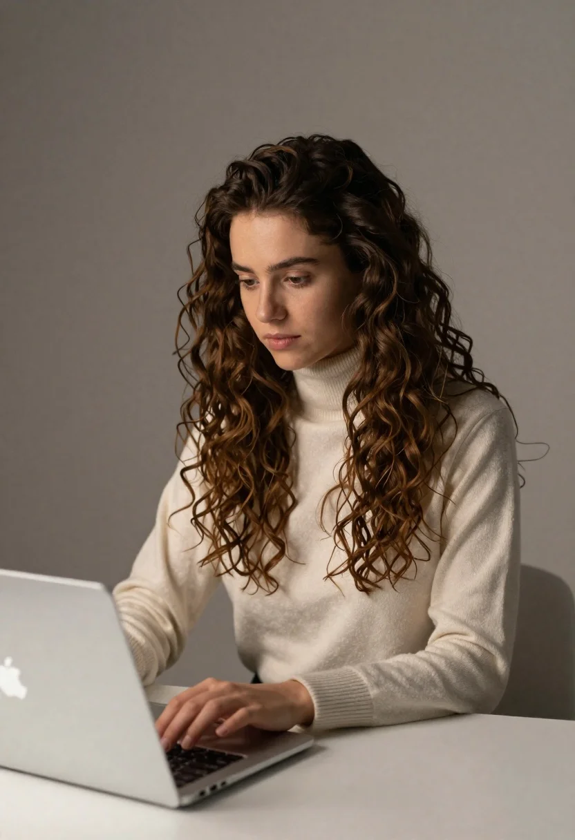 Young woman working on silver laptop at white desk in minimalist room - AI generated image prompt sample