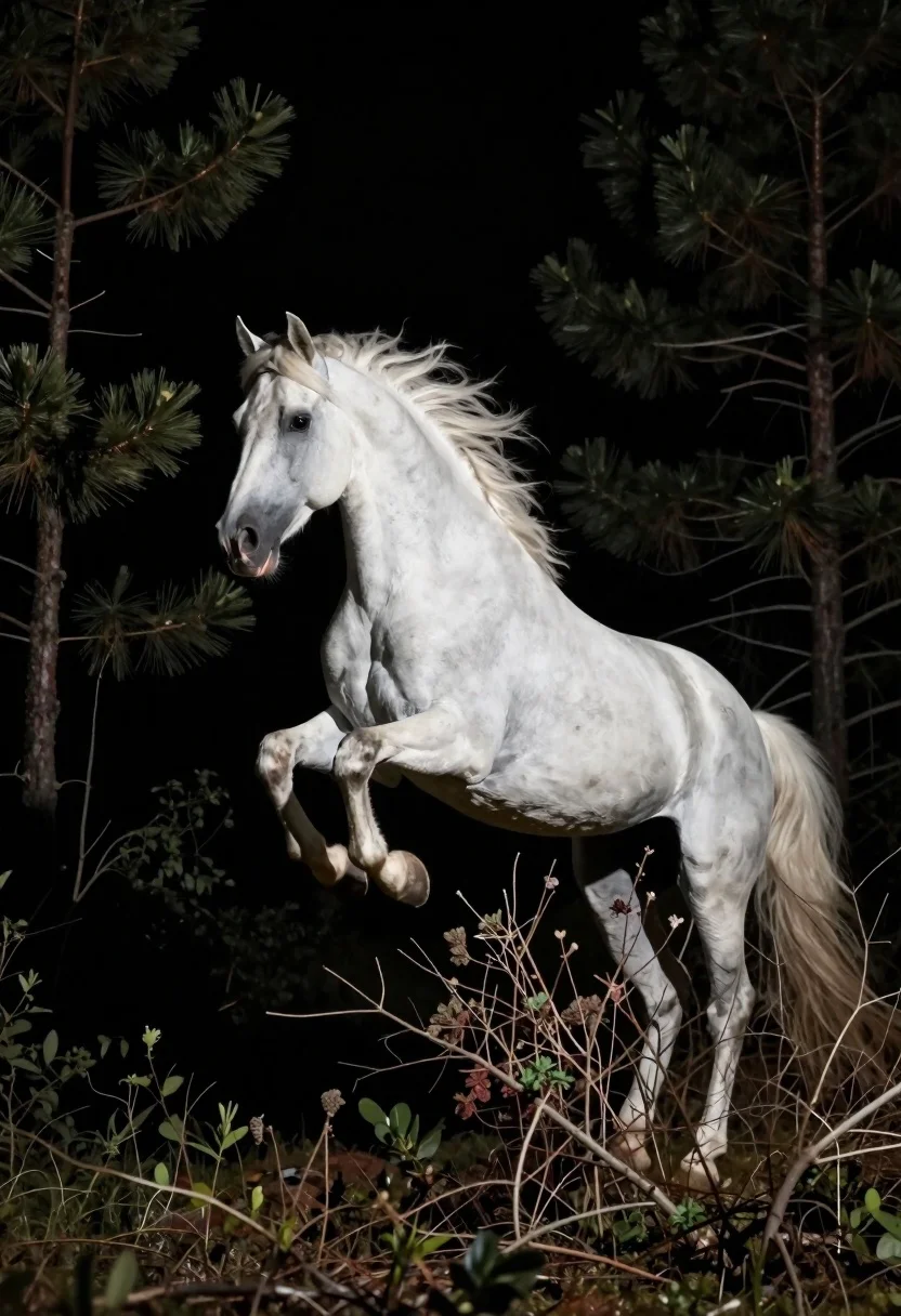 White horse leaping through a dark forest at night