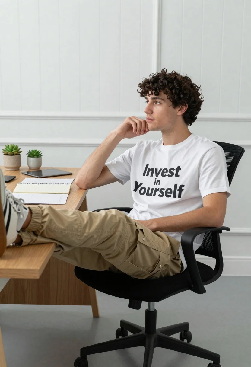 Young man sitting thoughtfully in office chair with desk objects - AI generated image prompt sample