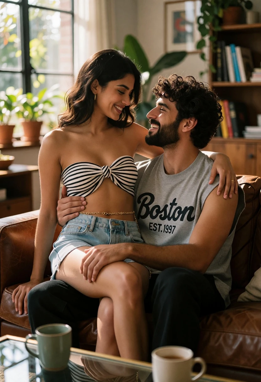 Romantic couple sitting closely on leather sofa in sunlit living room - AI generated image prompt sample