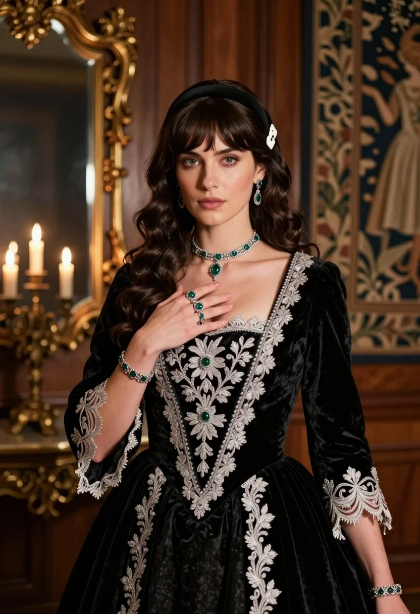 Fair skinned woman in black velvet gown inside luxurious room setting - AI generated image prompt sample