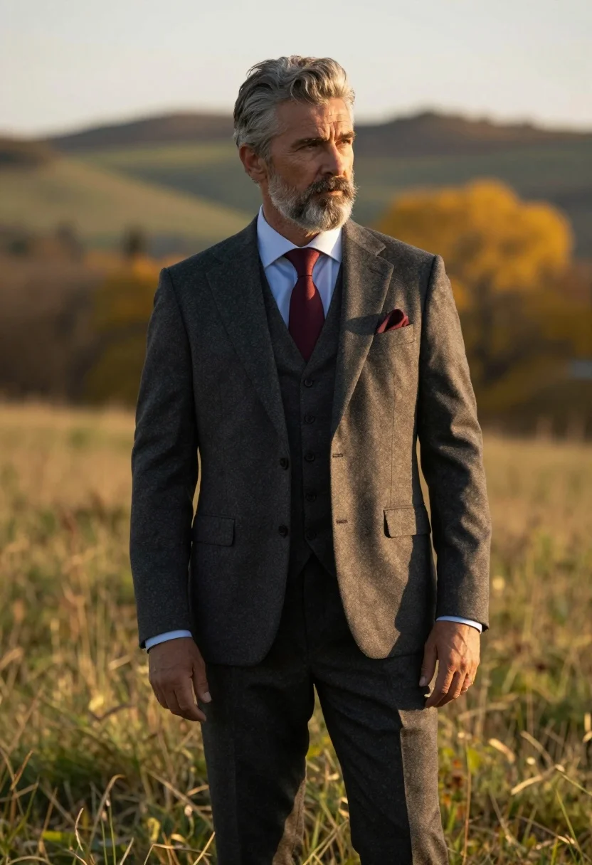 Distinguished man in charcoal suit standing in yellow autumn field at golden - AI generated image prompt sample