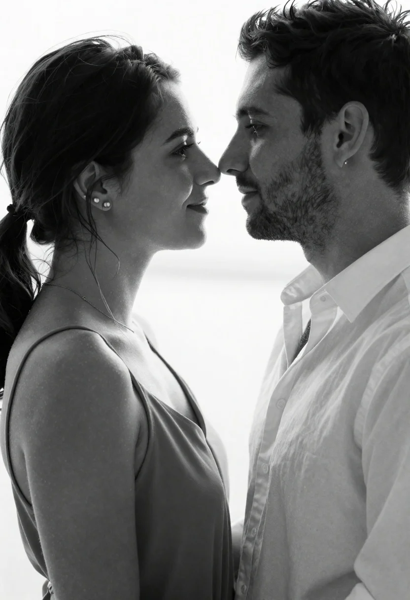 Black and white close up portrait of a couple in intimate embrace - AI generated image prompt sample