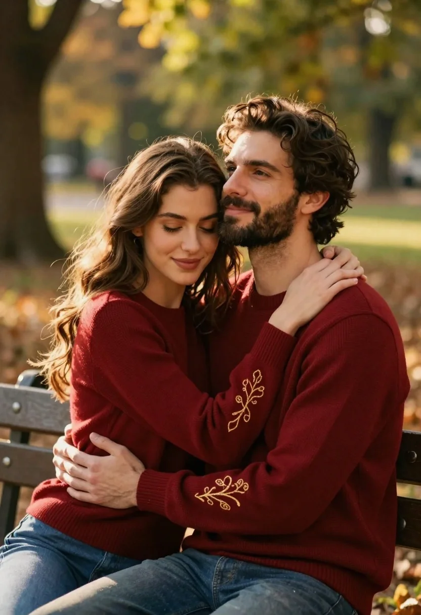 Couple in red sweaters embracing on a wooden bench in sunlit park - AI generated image prompt sample