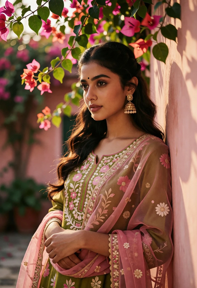 Young woman in embroidered kurta against pink wall with bougainvillea flowers - AI generated image prompt sample