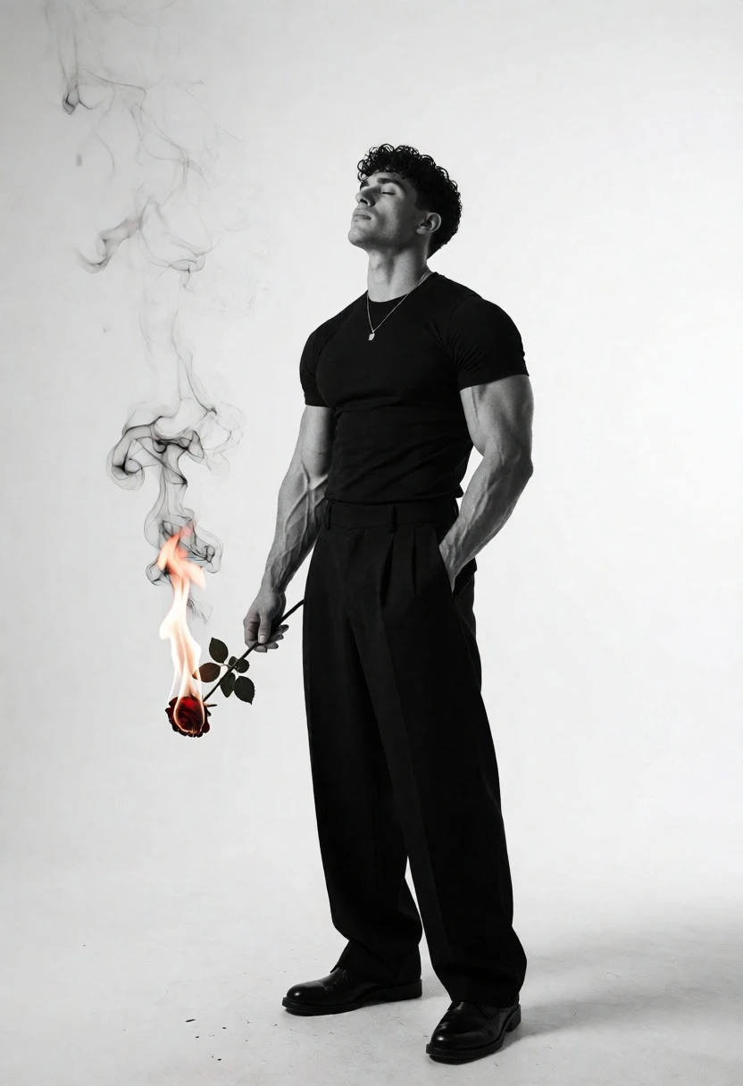 Muscular man holding burning rose against a plain white studio background - AI generated image prompt sample