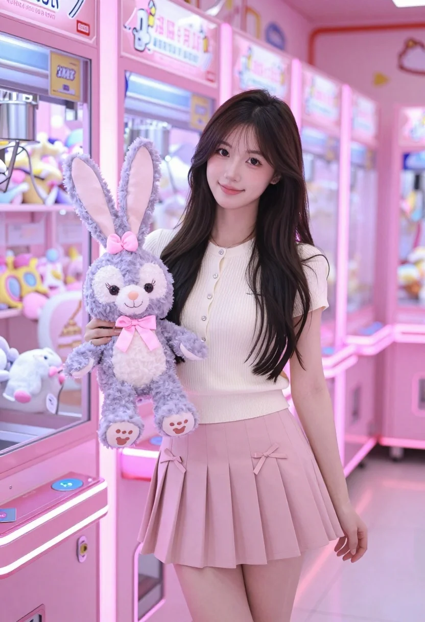 Young east asian woman smiling in pink arcade hall holding lavender plush - AI generated image prompt sample
