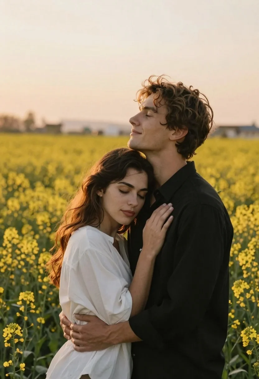 Romantic portrait of embracing couple in vast yellow flower field at sunset - AI generated image prompt sample