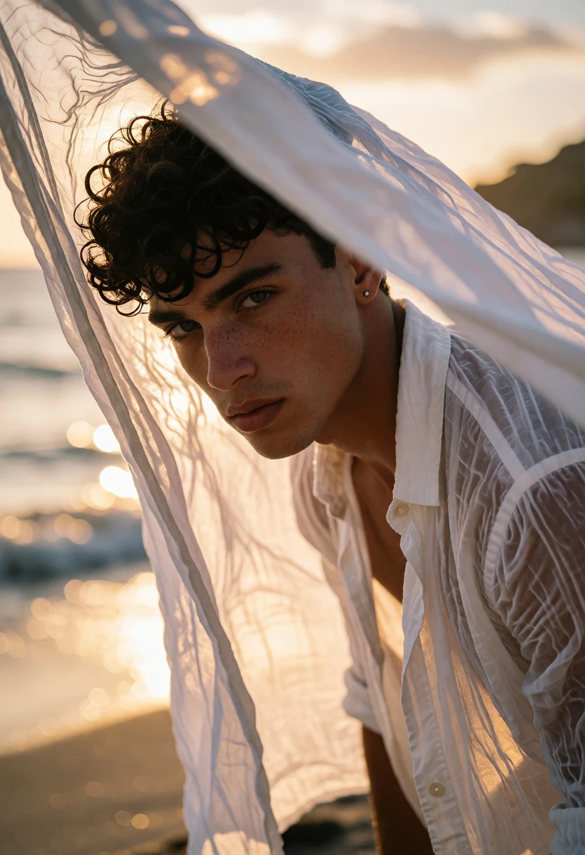 Young man peeking from sheer white fabric on sunlit beach at sunset - AI generated image prompt sample