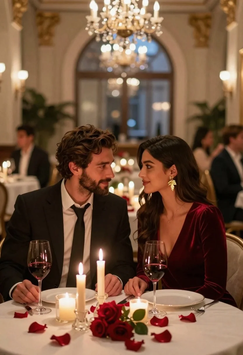 Romantic dinner scene with couple at round table in elegant restaurant - AI generated image prompt sample