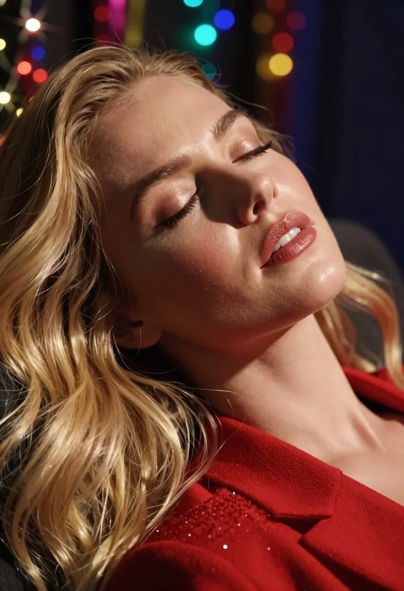 Close up portrait of blonde woman resting peacefully with colorful bokeh lights - AI generated image prompt sample