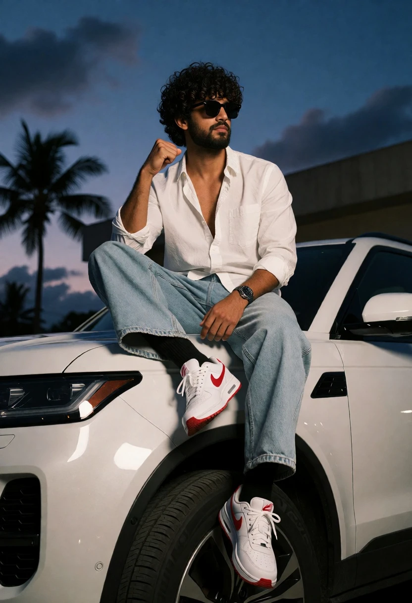 Man with curly dark hair sitting casually on white suv fender at - AI generated image prompt sample