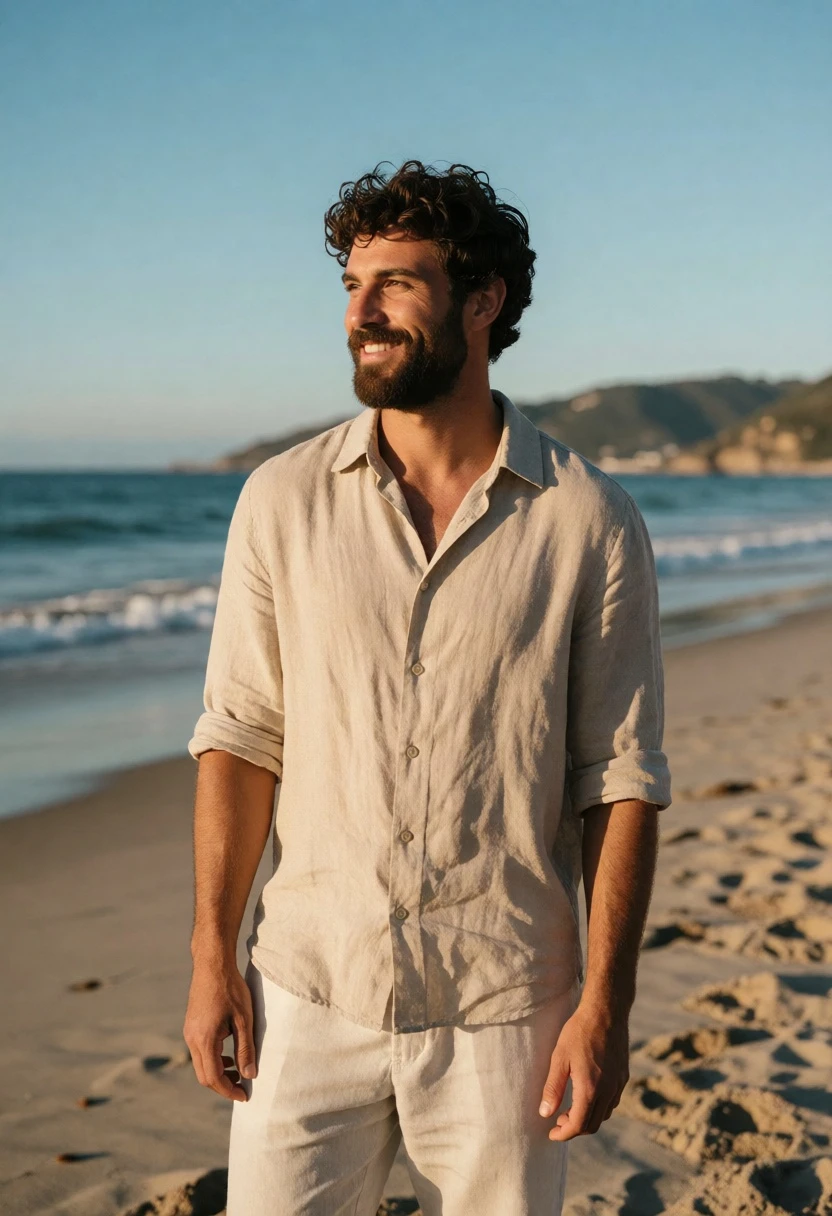 Man on sandy beach wearing linen shirt looking toward distant ocean horizon - AI generated image prompt sample