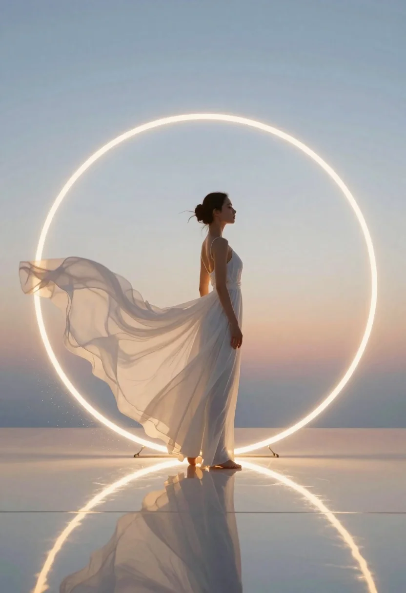 Woman in white dress standing in glowing ring
