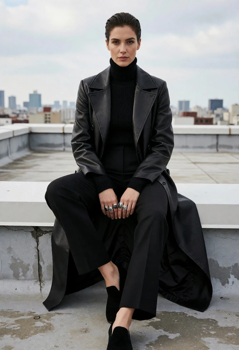 Woman in all black leather trench coat on concrete rooftop overlooking city - AI generated image prompt sample