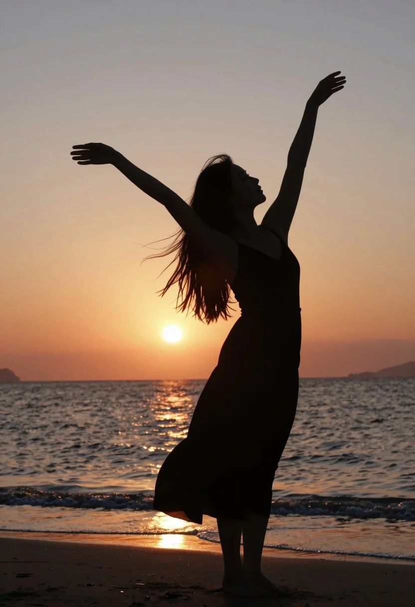 Silhouette of woman standing on beach with arms raised against vibrant sunset - AI generated image prompt sample