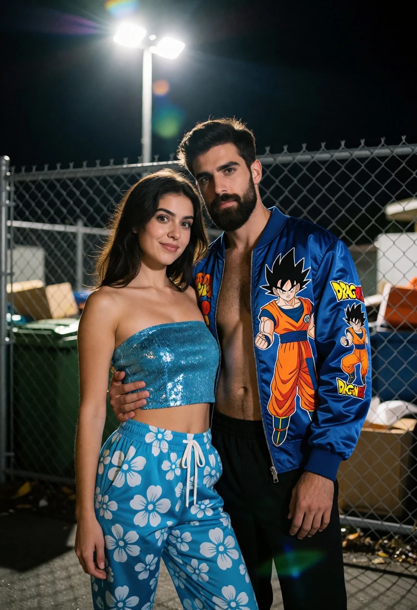 Playful couple posing near chain link fence under bright overhead floodlights - AI generated image prompt sample