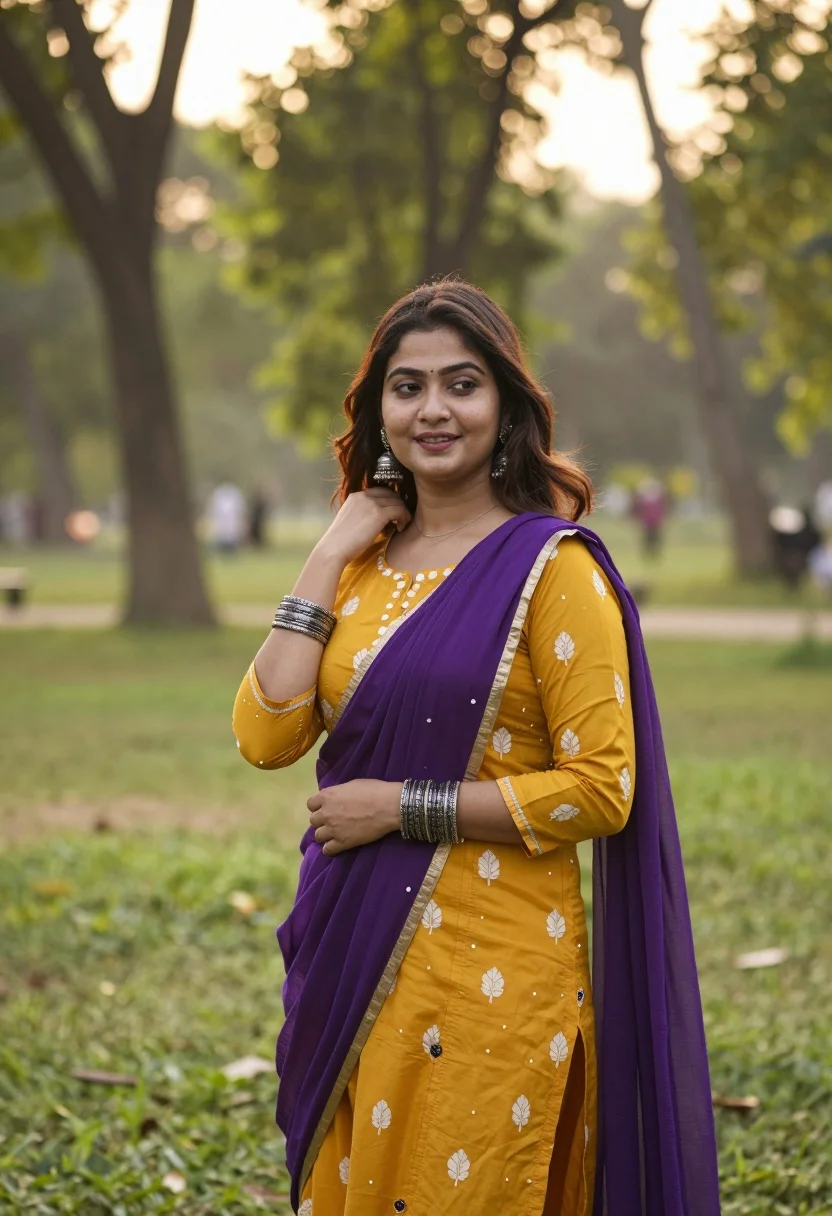 Young woman in mustard kurta standing in sunlit park with flowing dupatta - AI generated image prompt sample
