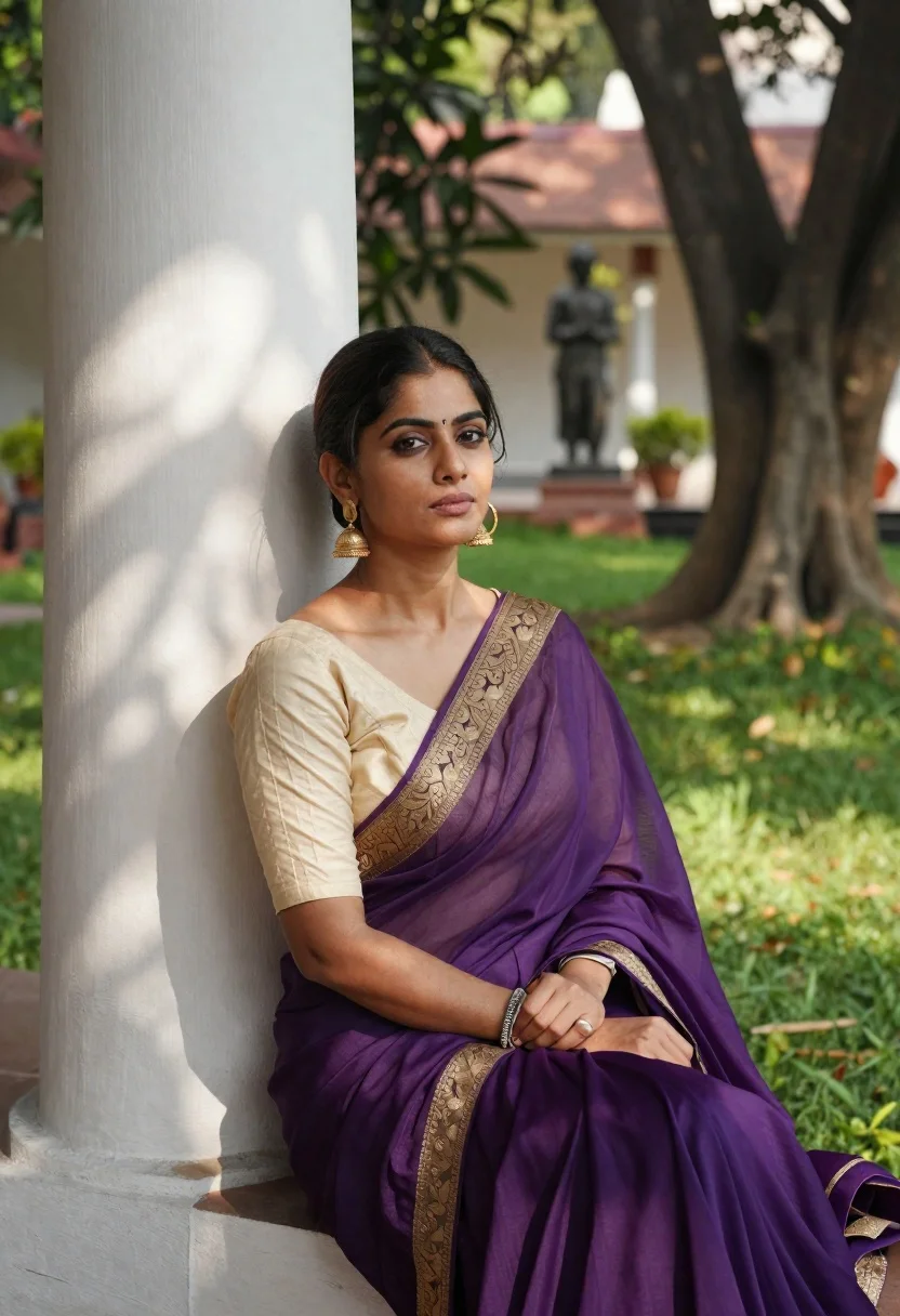 Woman in purple saree sitting by white pillar in sunlit garden