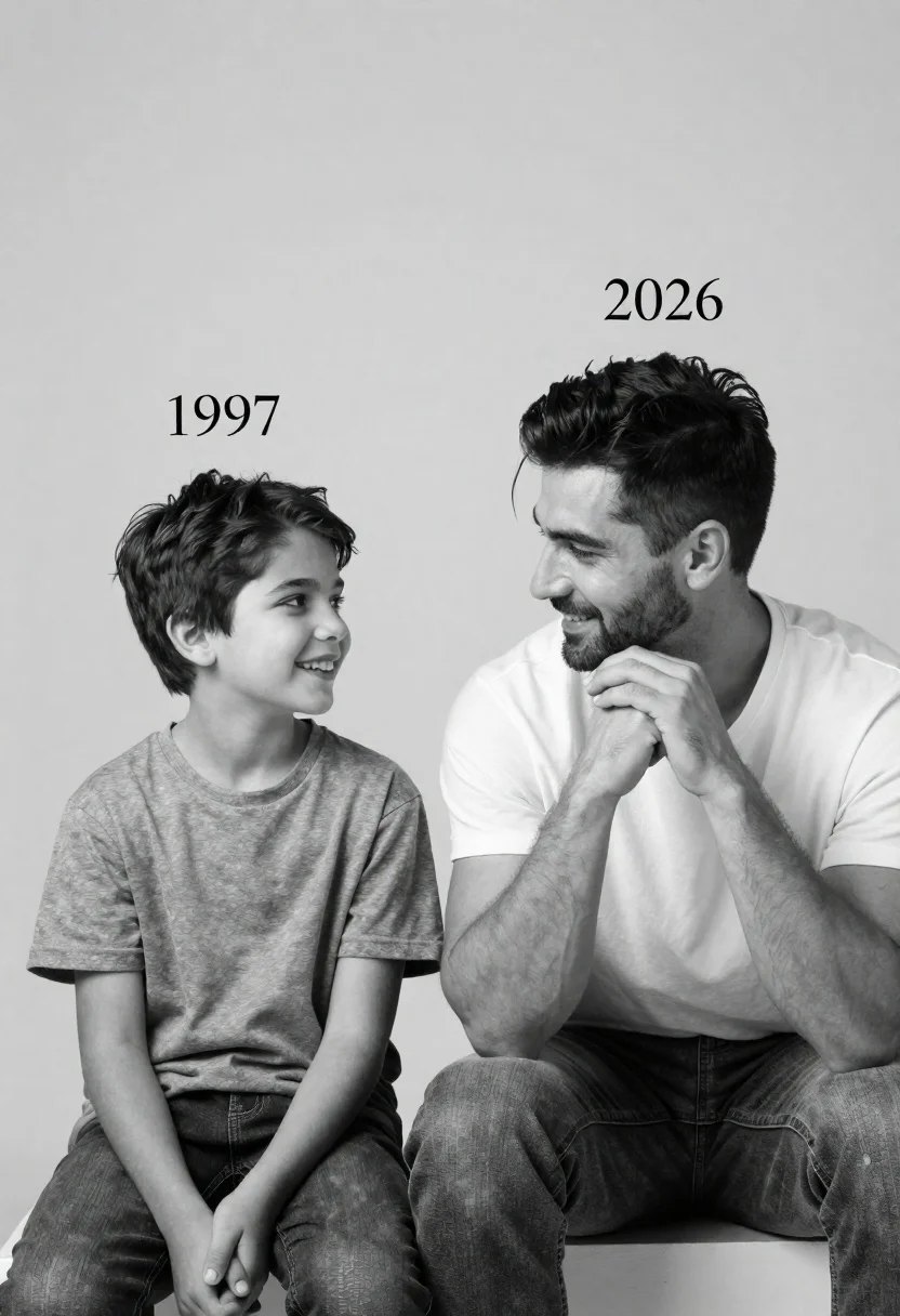Black and white studio portrait of a smiling boy and an adult - AI generated image prompt sample