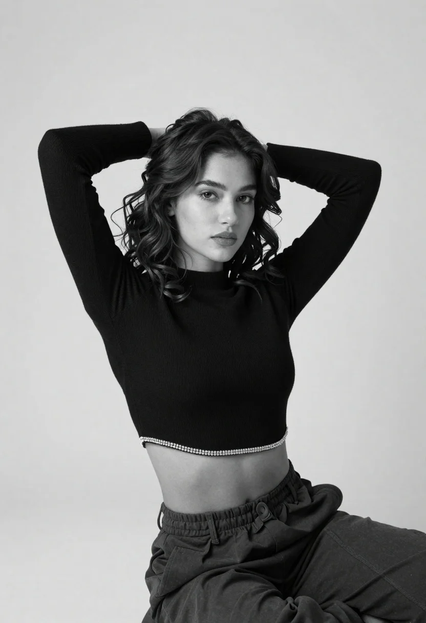 High fashion black and white portrait of woman in studio setting