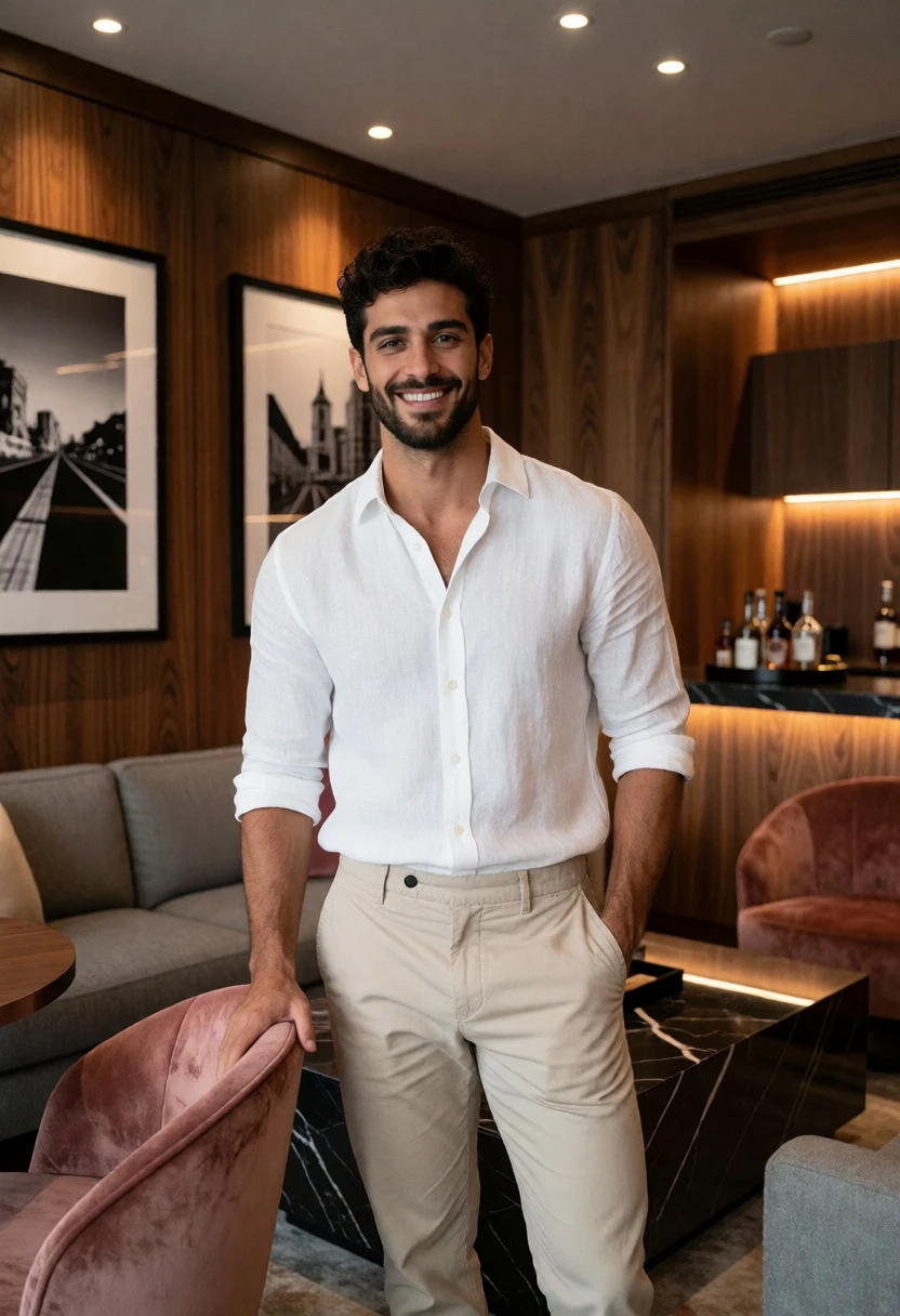 Young man smiling in upscale interior with warm wood paneling and plush - AI generated image prompt sample