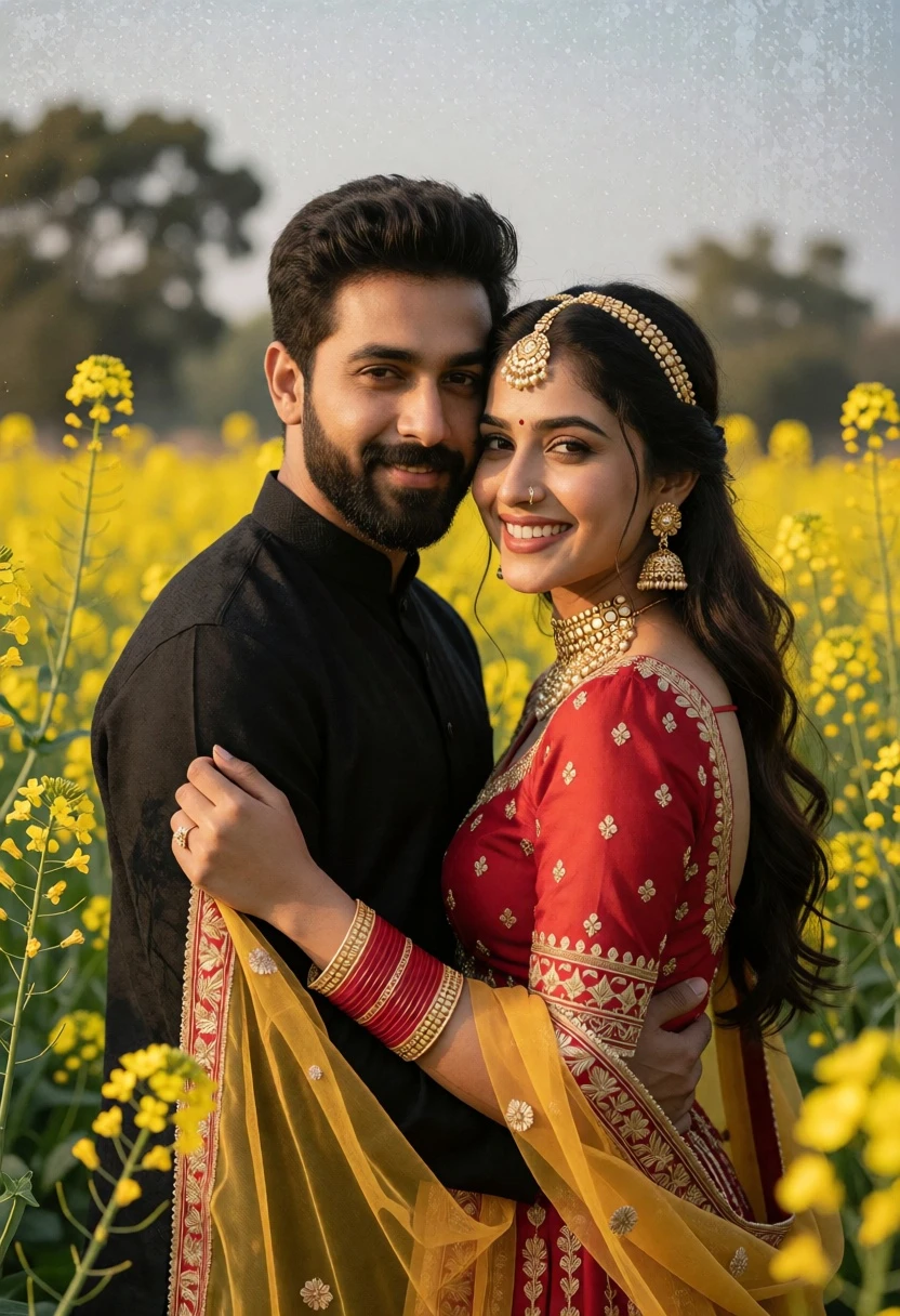 Romantic portrait of couple embracing in yellow flower field under soft daylight - AI generated image prompt sample