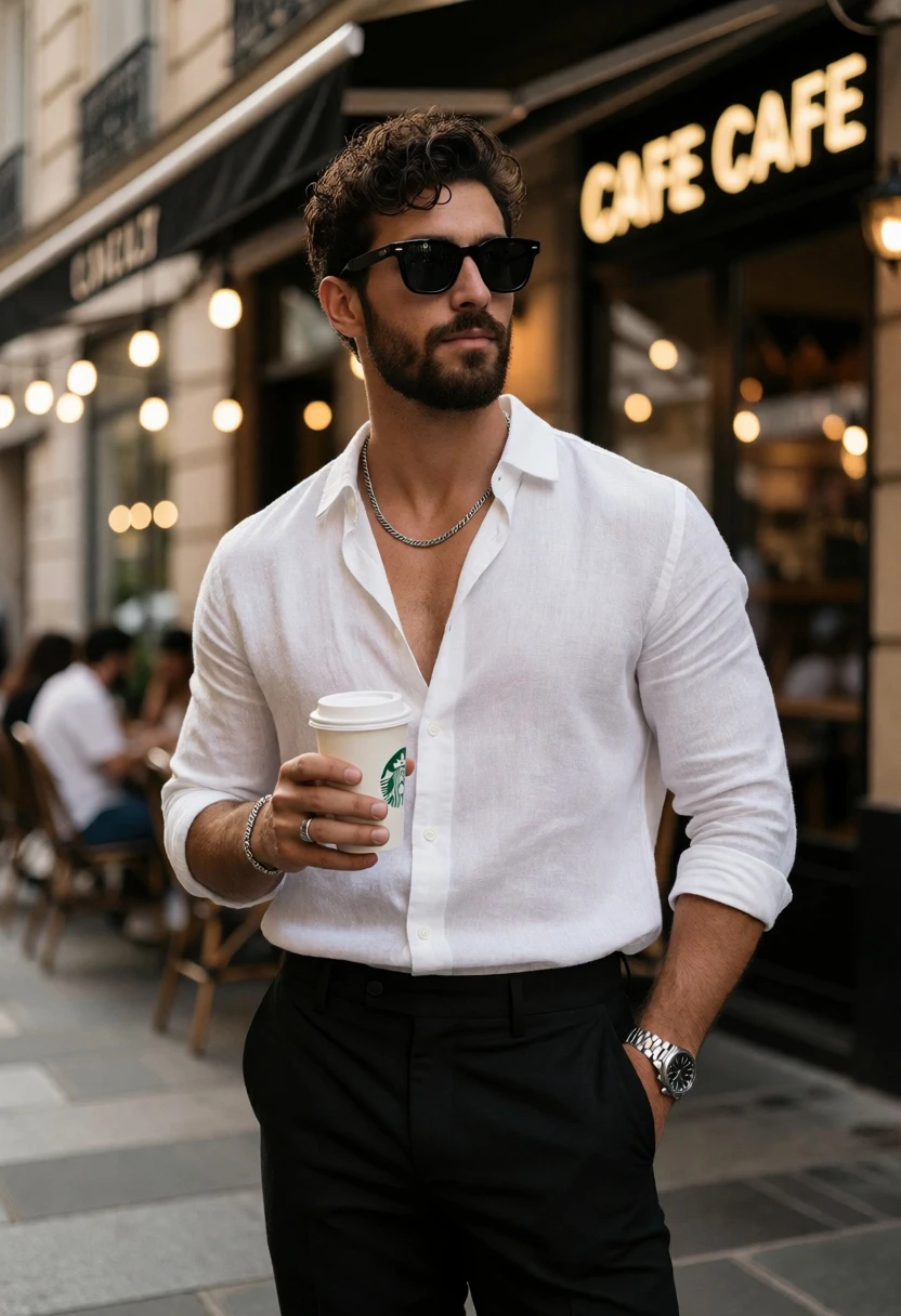 Stylish man on city sidewalk holding coffee cup near cafe entrance - AI generated image prompt sample