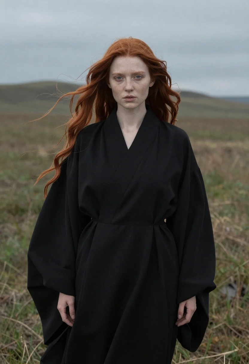 Woman in black robe standing in open field