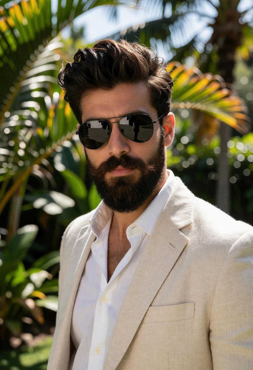 Medium close up portrait of man with beard in tropical garden setting - AI generated image prompt sample