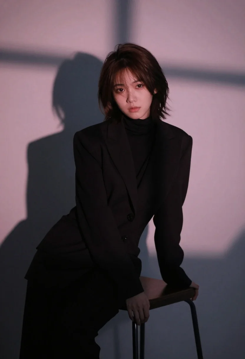 Portrait of woman in black outfit with pink window shadows - AI generated image prompt sample