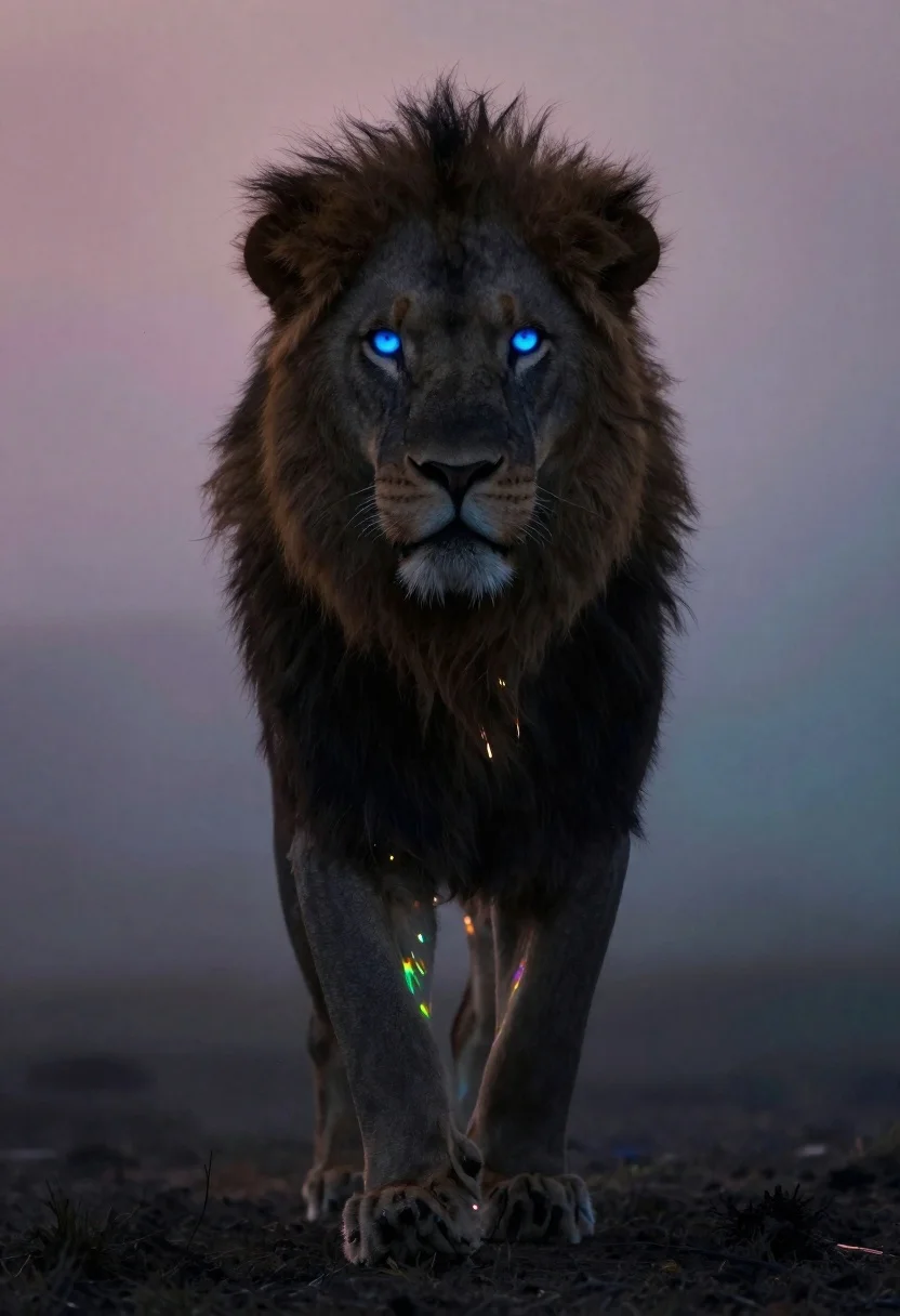 Lion silhouette in misty void with blue glowing eyes