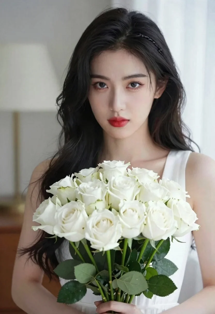 Portrait of young woman with black hair holding white roses bouquet - AI generated image prompt sample