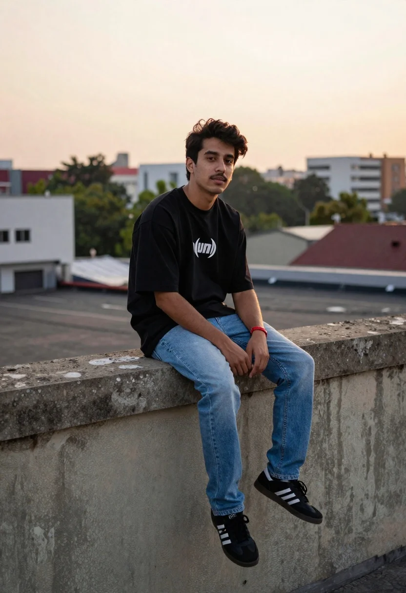 Young man on concrete ledge overlooking city at sunset