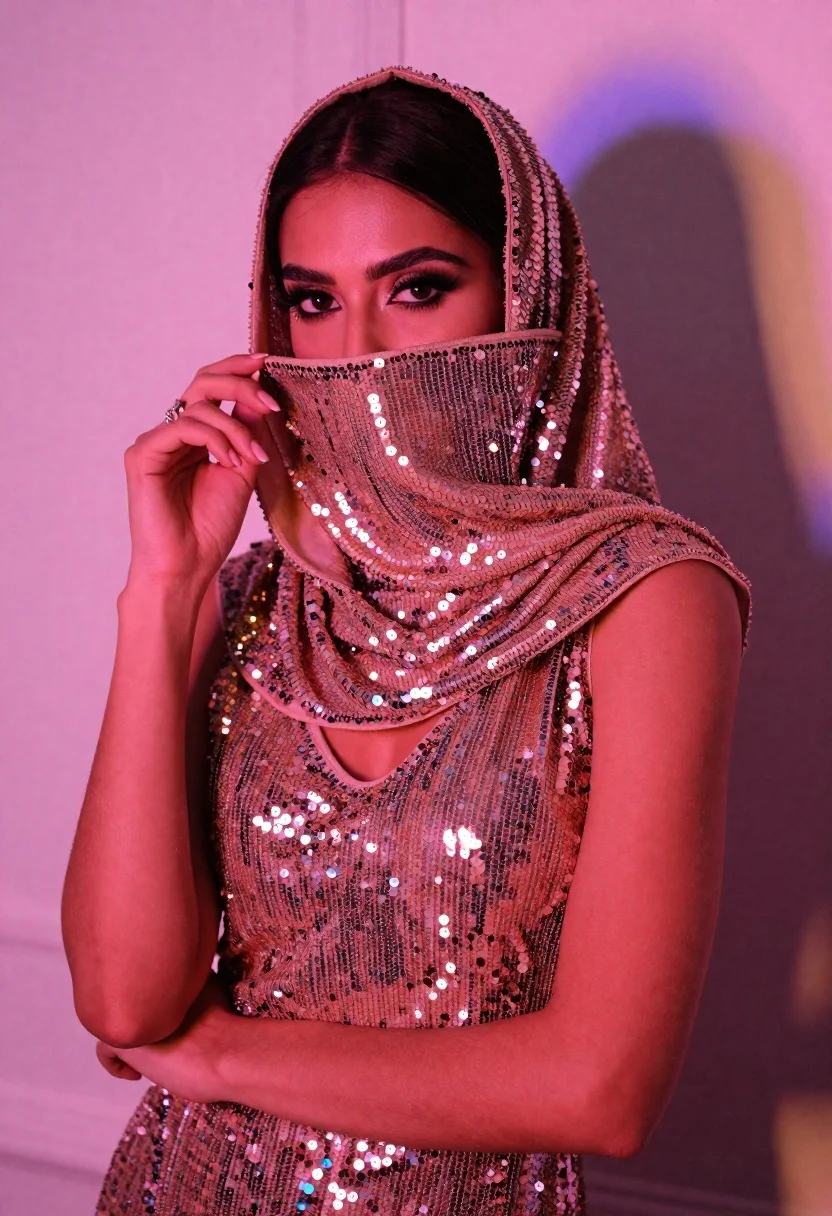 Close up portrait of woman in shimmering sequined outfit against pink purple