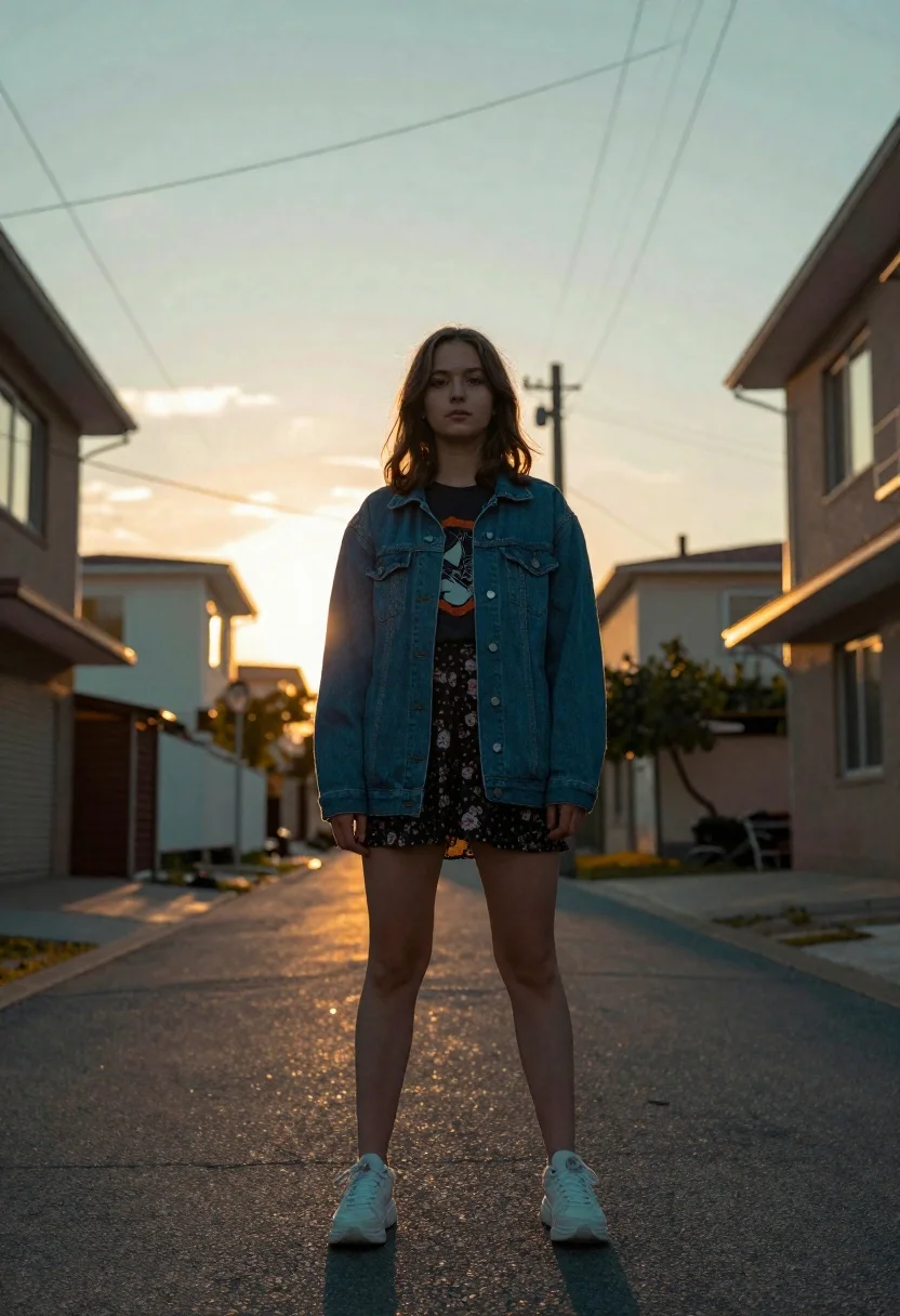 Young woman in denim jacket standing on residential street at sunset - AI generated image prompt sample