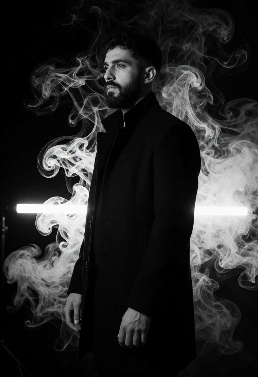 Man in black coat profile against swirling smoke and horizontal light bar - AI generated image prompt sample