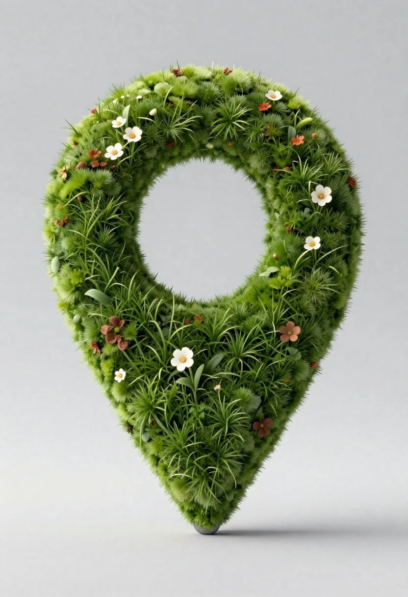 Moss map location pin on a white studio floor
