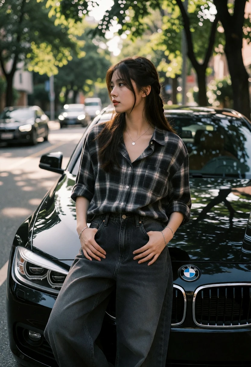 Young woman leaning against black bmw on a treelined urban street - AI generated image prompt sample