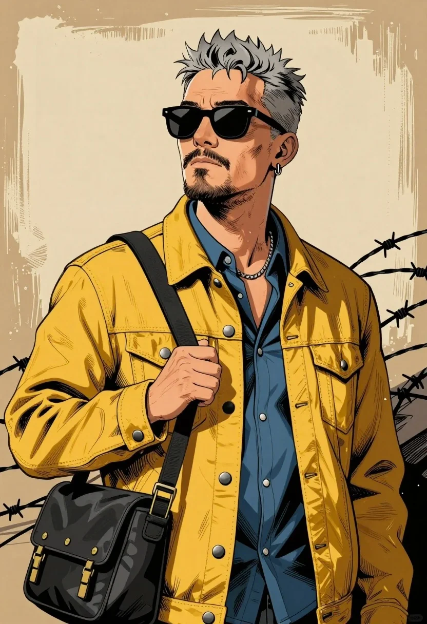 Rugged man in mustard jacket with grey hair against textured background - AI generated image prompt sample