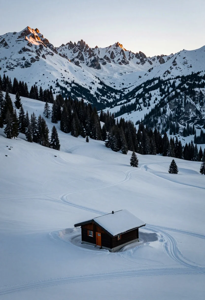 Snow covered cabin in vast alpine landscape with rugged mountains backdrop - AI generated image prompt sample