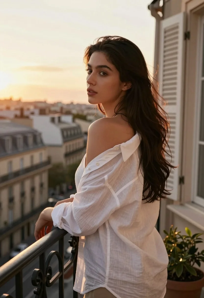 Young woman in white shirt on balcony overlooking european city skyline at - AI generated image prompt sample