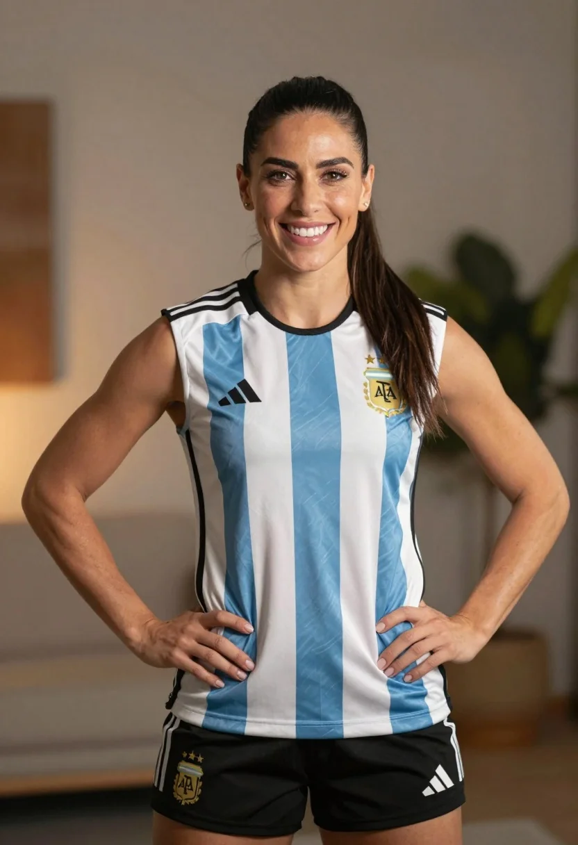 Fit woman in argentina jersey posing confidently indoors with warm lighting - AI generated image prompt sample