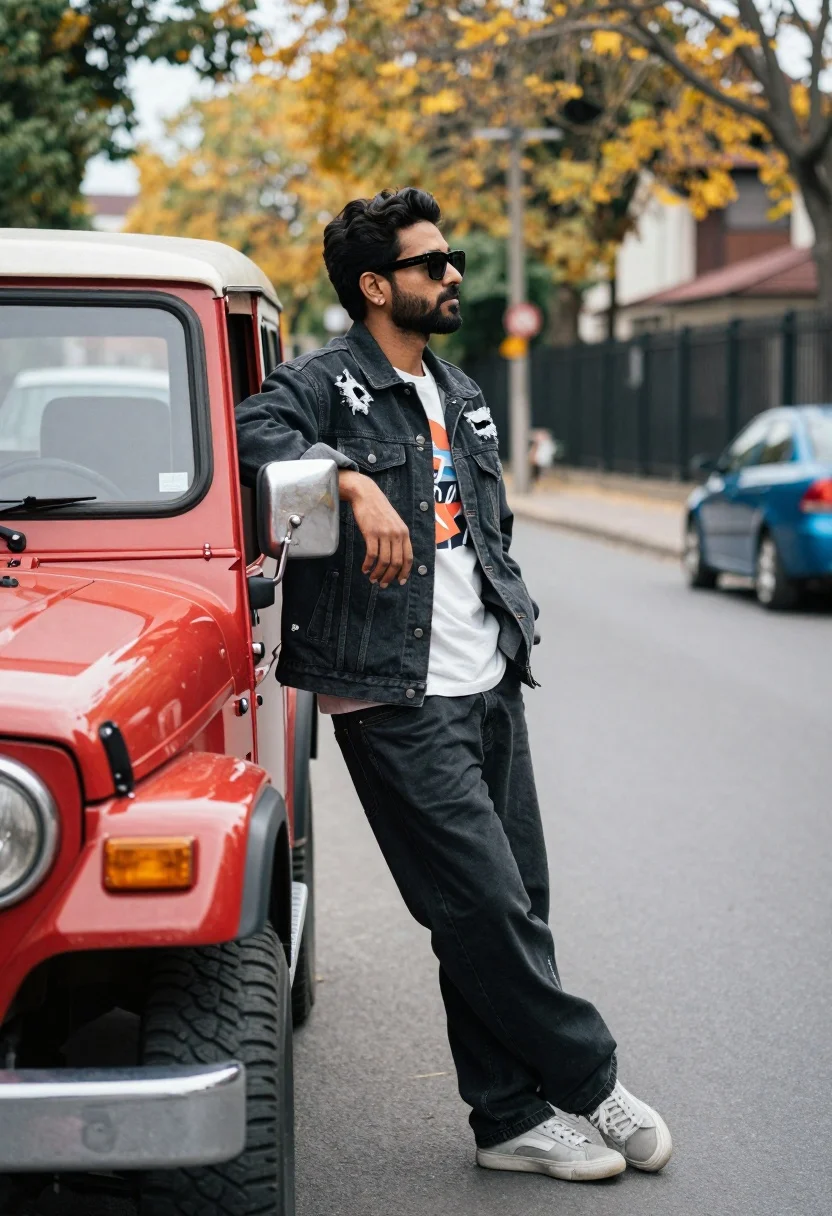 Man leaning against vintage jeep on autumn city street low angle shot - AI generated image prompt sample