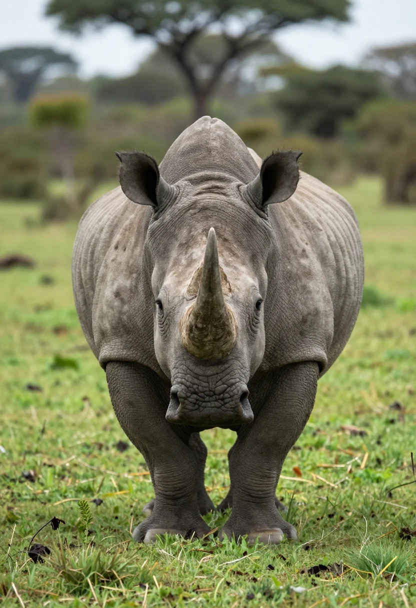 Massive rhinoceros standing in a lush green grassy plain savanna habitat - AI generated image prompt sample