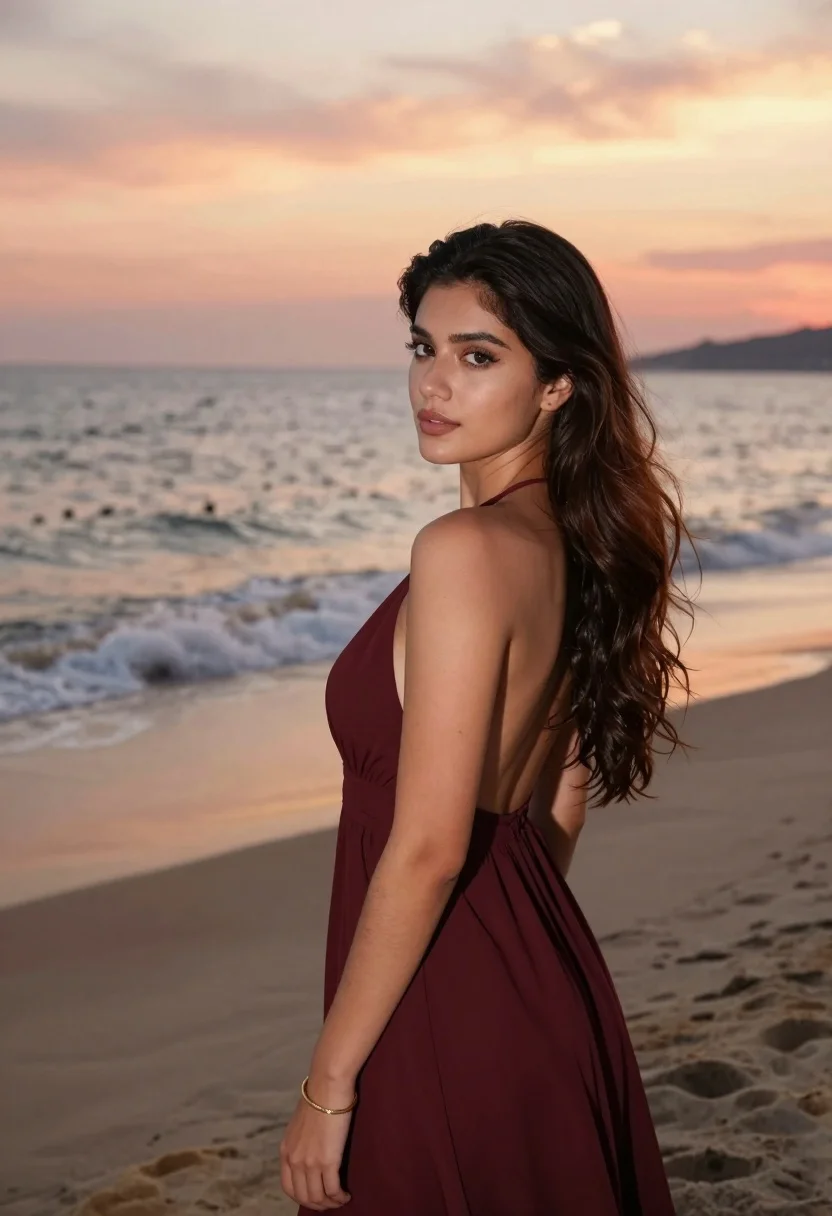 Young woman in maroon gown on beach looking back at sunset golden - AI generated image prompt sample