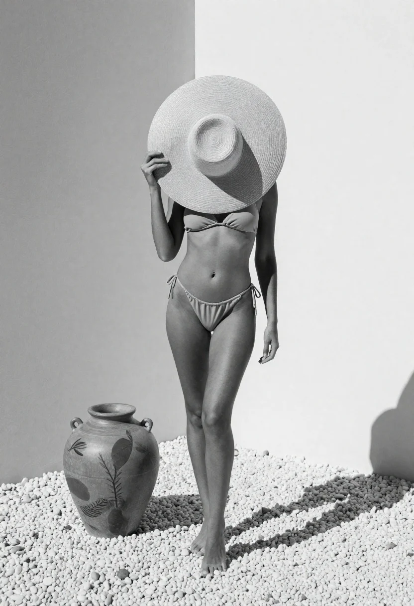 Woman with hat next to ceramic vase on pebbled ground