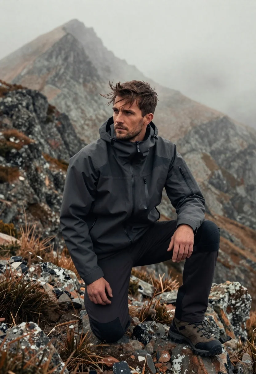 Fit young man kneeling on rocky mountain ridge with misty peaks behind - AI generated image prompt sample