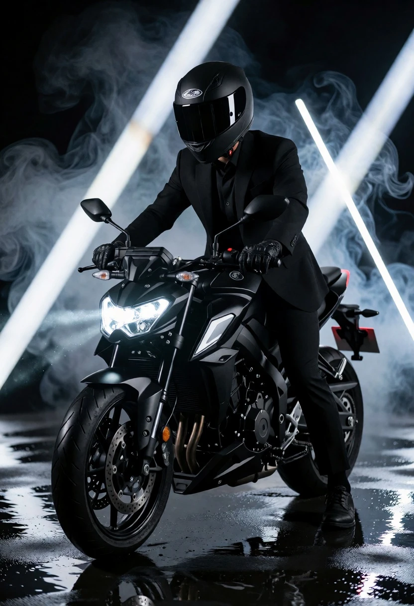 Man in black suit sitting on motorcycle under dramatic studio lighting - AI generated image prompt sample