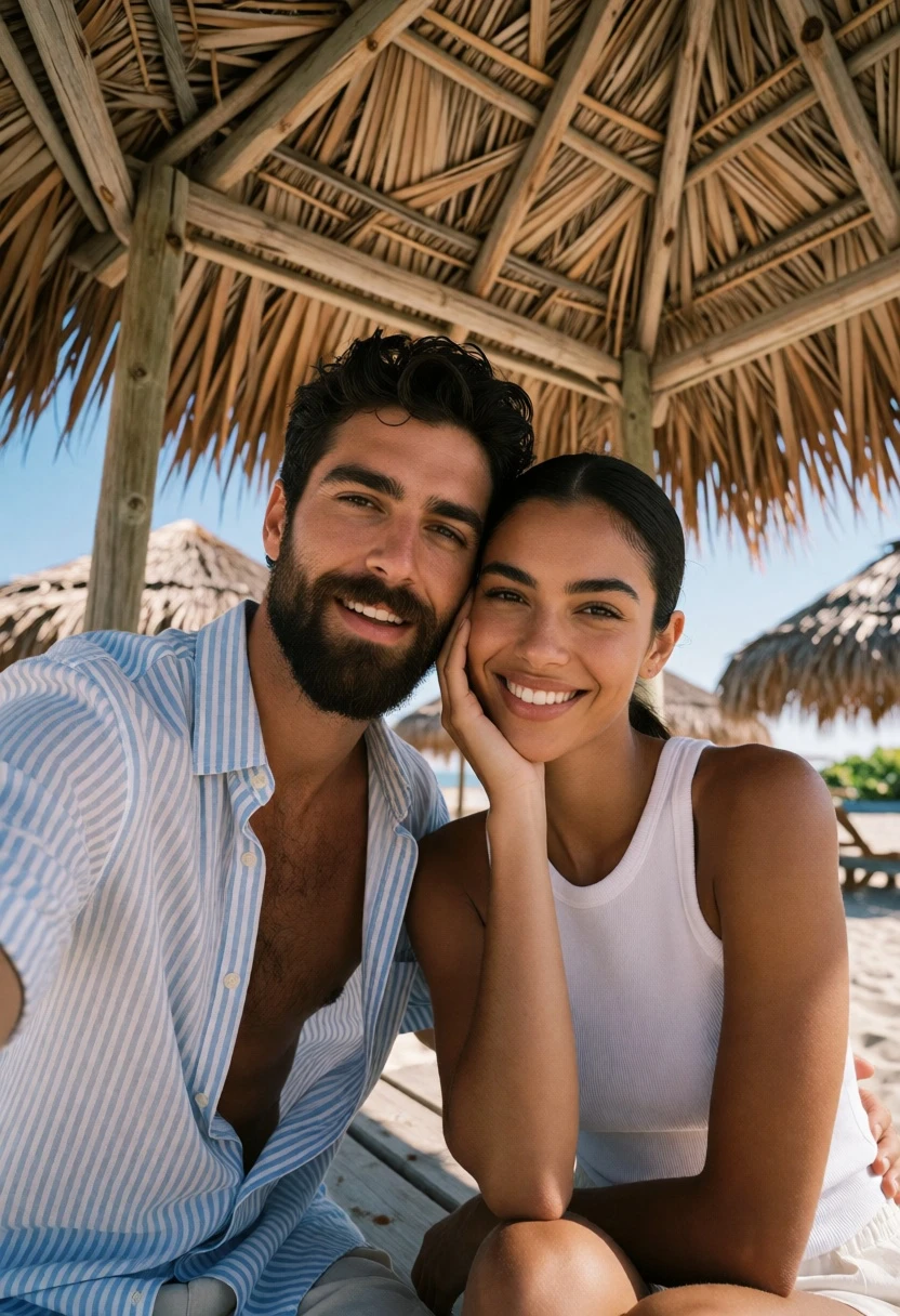Couple posing closely under thatched beach hut on sunny day - AI generated image prompt sample